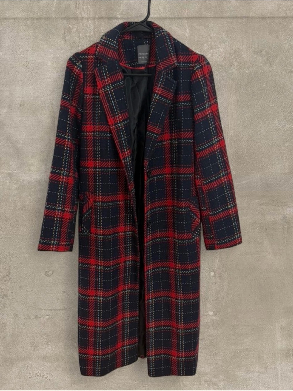 Primark Navy & Red Plaid Long Trench Coat
